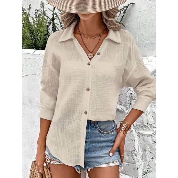 100% cotton button down shirt boho textured blouse black - Picture 6 of 7